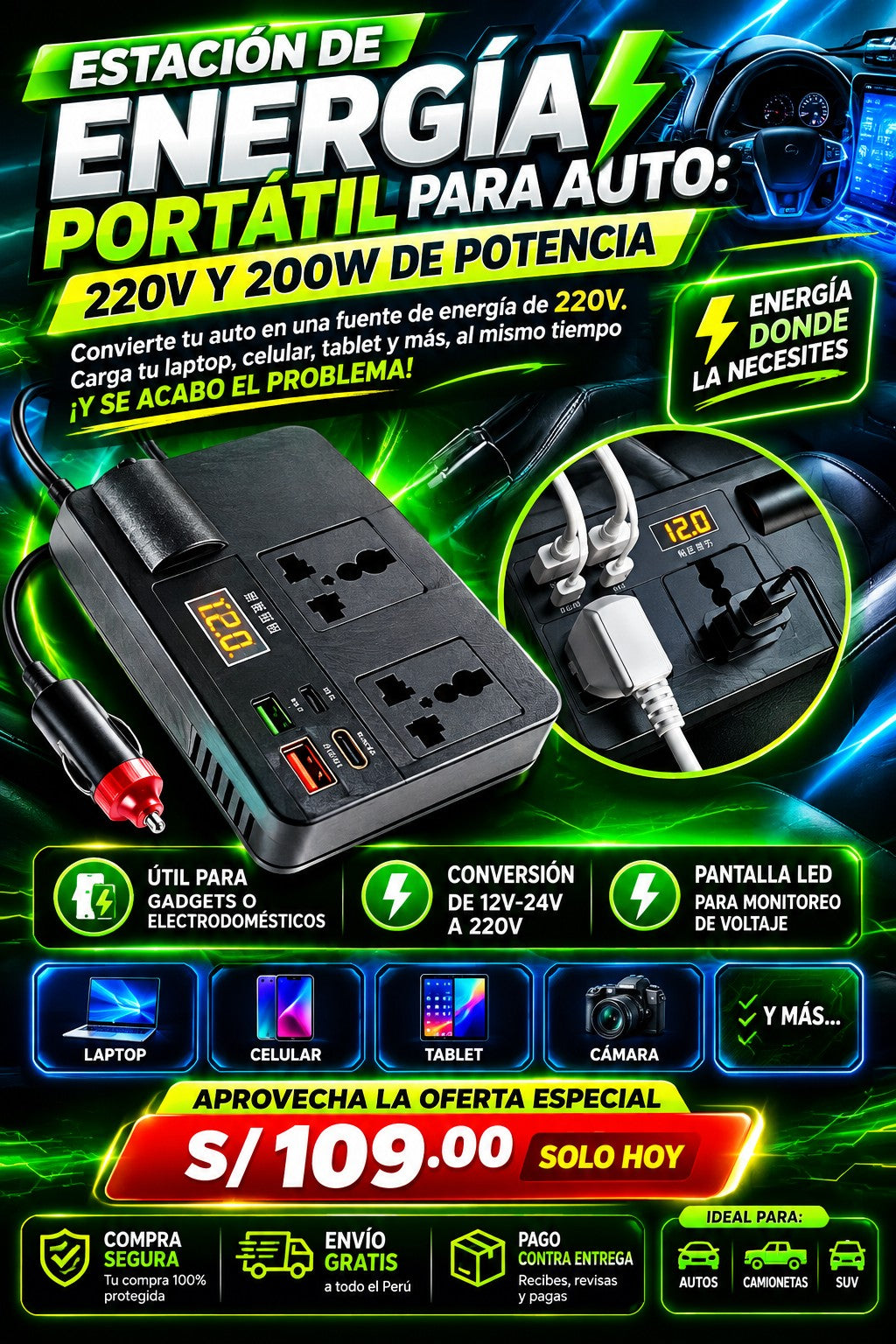 Estación de Energía 220V para Auto: Carga tu Laptop electrodomesticos y Celular en Ruta. (Recibe y paga en la puerta de tu casa)