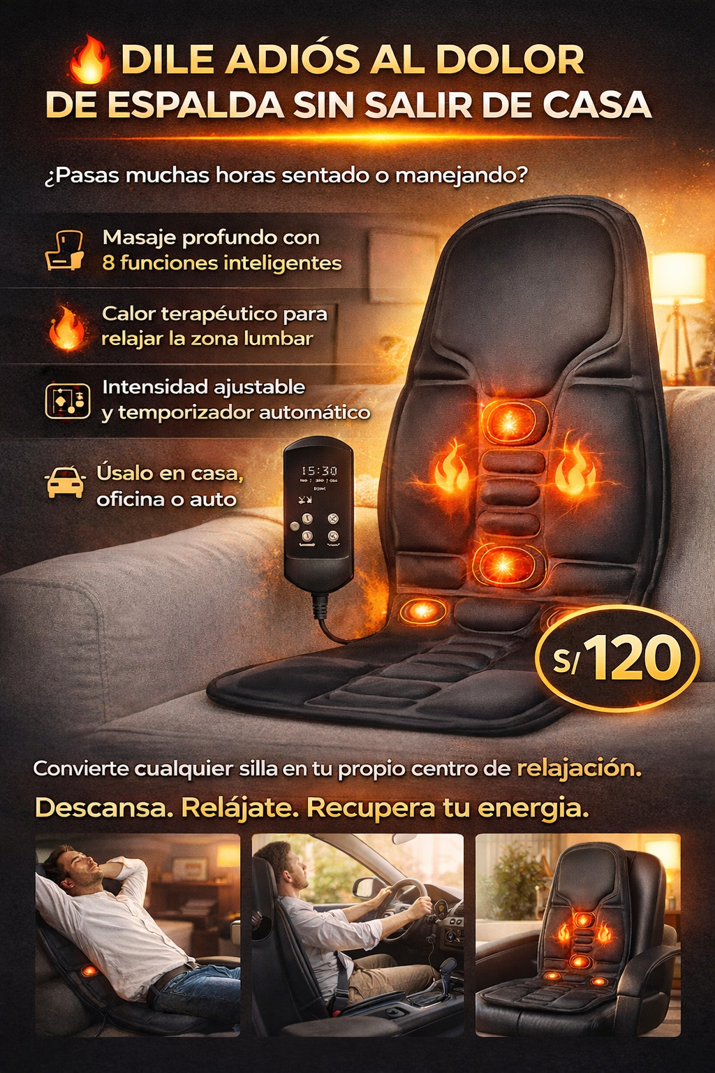 ASIENTO MASAJEADOR  Eléctrico con Calor Infrarrojo, vibrador para cuerpo entero,